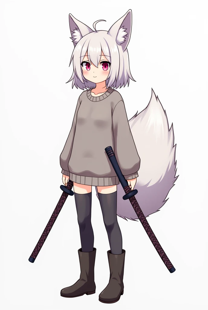  Create an anime style picture of a demi fox girl with medium-length white hair and fox ears and tail,She has pink eyes and a grey sweater and 2 katanas .