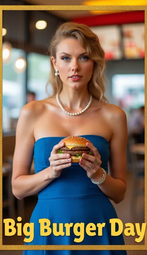  CM Poster is "Big Mac Burger Day ," written in middle golden decoration letters at the bottom of the screen,red small letter upon screen, front view  Standing Pose , hold a  1 McDonald hamburger, American White woman, slim body age of  Tylor Swift  ,30-ag...