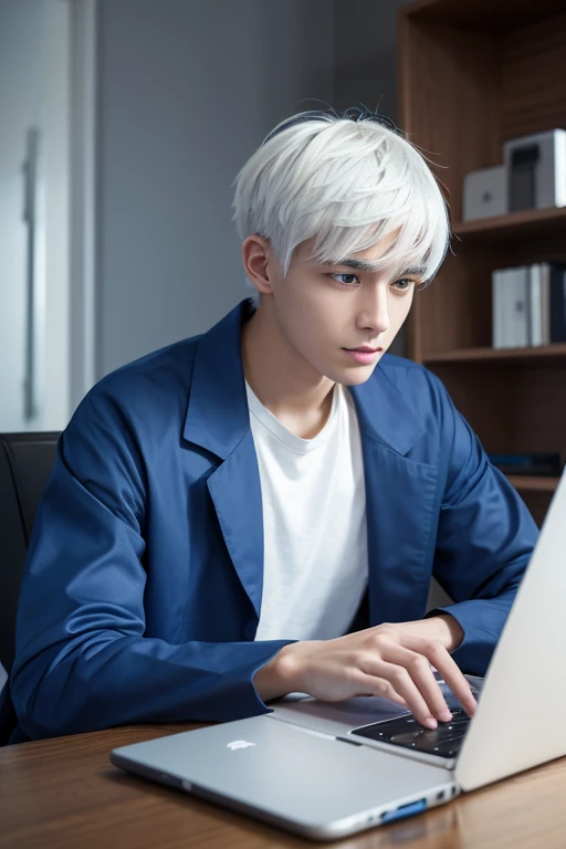 sitting working on a laptop、A young man with white hair wearing a black T-shirt and a blue coat, His power is technology, Semi-realism