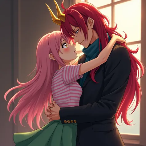 chico, anime,  adult young man of one meter eighty , long intense red hair ,With golden horns, And yellow eyes , dressed in a black suit ,  and a dark blue scarf , hugging a girl,anime,Youth of one meter thirty , long light pink hair ,light yellow skin , s...