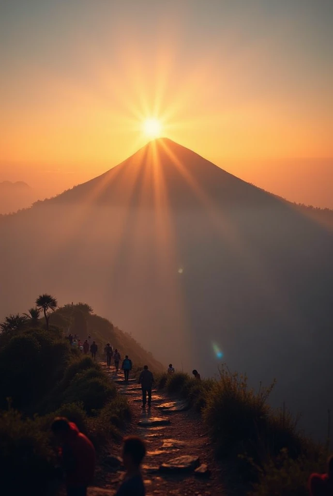 A beautiful, misty view of Adam’s Peak (Sri Pada) at sunrise or sunset, with pilgrims in the background. The warm glow of the sunrise/sunset would echo the mystical and spiritual atmosphere of the pilgrimage.