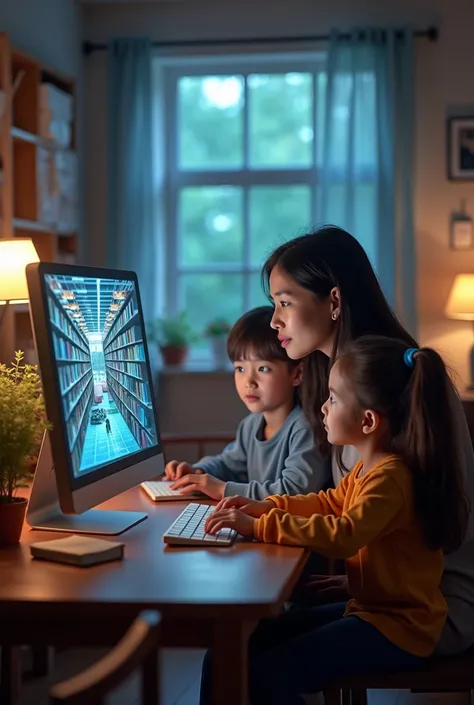 a mom, a ten-year-old son and a nine-year-old daughter , sitting on chairs,  study from the classroom they see a computer that displays books and a very nice virtual school library