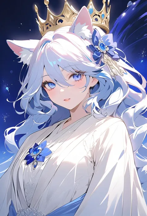 woman with wolf ears and tail, graceful with an aura that exudes beauty and serenity, beautiful sexy pink lips, this character has long white hair and adds blue hair to several strands of her hair like Furina Genshin Impact but her hair is full length unli...