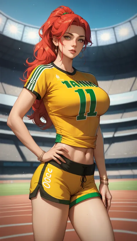 masterpiece, highest quality, ultra detailed, high detail anime, beautiful young woman, irish woman, fair skin, freckles, red hair, long hair, ponytail, slim body, large breasts, yellow and black rugby jersey, yellow and black short shorts, tight clothes, ...