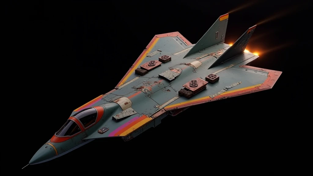 a giant diy stealth fighter jet flying through space, realistic appearance with lots of details like nuts and bolts, rusty parts, spiky scraps, rainbow colors