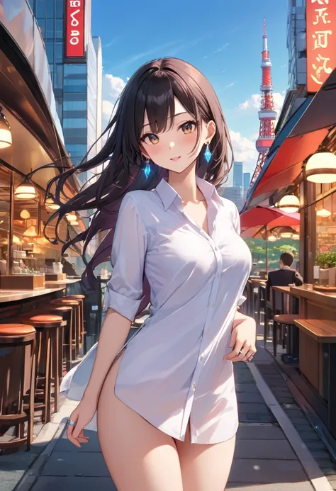  best quality,  amazing,delicate,  super detailed, beautiful, 8k ,  1 girl ,  black long hair by lla,Business shirts,  earrings for a woman alone, Outdoor,  bright 、Married Woman,sunlight、Clear skies、Cafes in Tokyo、Skyscrapers in the background、 Tokyo towe...