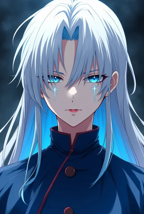 Waist-length white hair with blue gradient tips, blue eyes and star marks under his eyes, red lips and pale skin, Demon Slayer Brotherhood Uniform, haori azul,  demon slayer anime drawing style. 