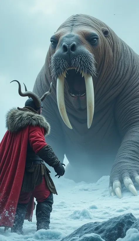 Satan wearing arctic explorer suit. fighting with mighty male walrus with long fangs. Satan with muscular body, red skin, big horns. in the sea wearing arctic ice