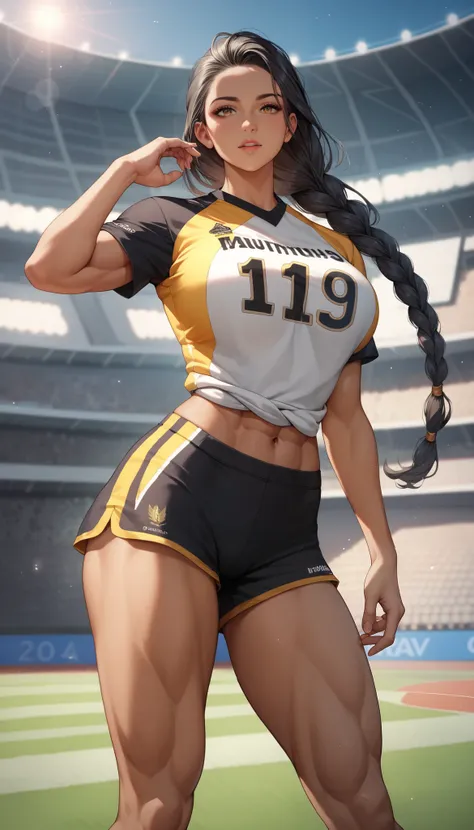 masterpiece, highest quality, ultra detailed, high detail anime, beautiful young woman, indian woman, light freckles, brown skin, black hair, long hair, braided hair on one side, toned body, large breasts, yellow and black rugby jersey, yellow and black sh...