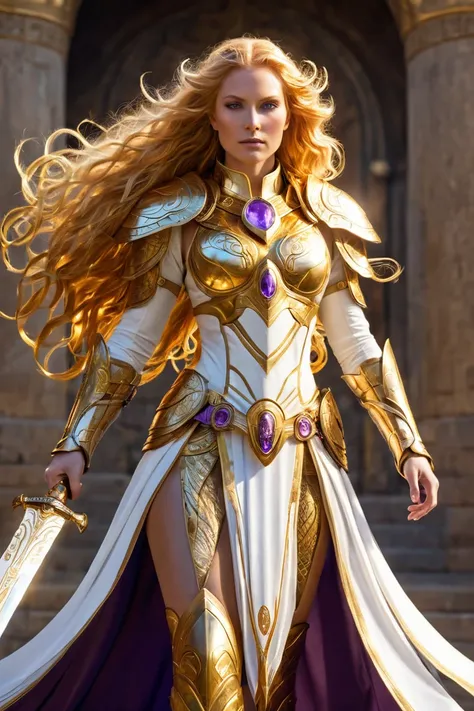 A tall, regal woman stands with an air of wisdom and command, her fiery golden hair cascading in waves around her shoulders. Her skin is fair, almost glowing, while her striking violet eyes gleam with an inner fire, reflecting her deep sense of justice and...