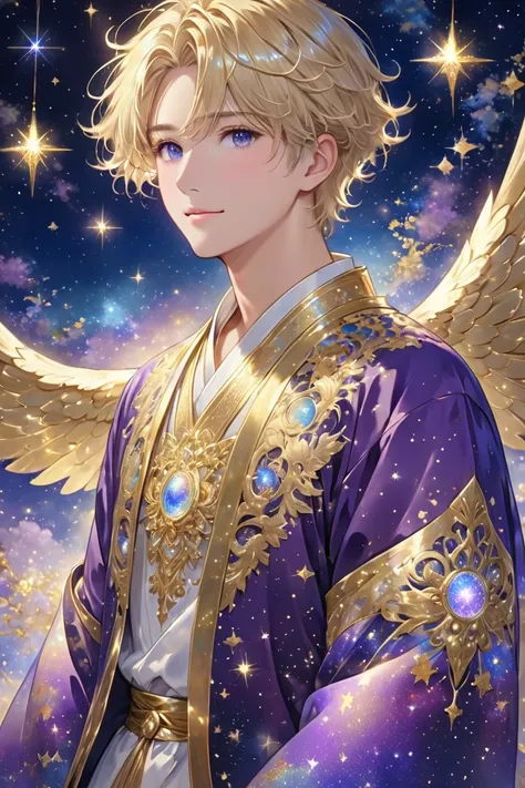 Beautiful adult male angel with golden wings spread across his back、Blonde、Short Hair、Gold and purple clothes 、宇宙から送られてくるMagicalな光の螺旋を手で受け取っている、Clear Night Sky 、 Sparkling Stars 、Mysterious、Magical、A cute image character for the investment community called...