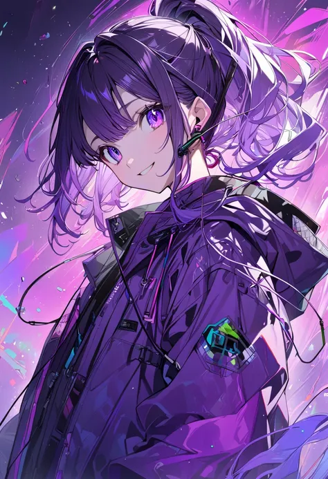   1 girl , Purple Hair,  smiles,  purple eyes,  ponytail gradient color eyes, Earphones, windbreaker black 