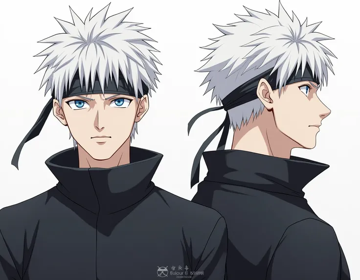 Create a highly detailed, full-body image of Satoru Gojo from "Jujutsu Kaisen." The image should include both front and side views. Please ensure that he is not wearing his signature blindfold. He should be depicted with his distinctive white hair, blue ey...