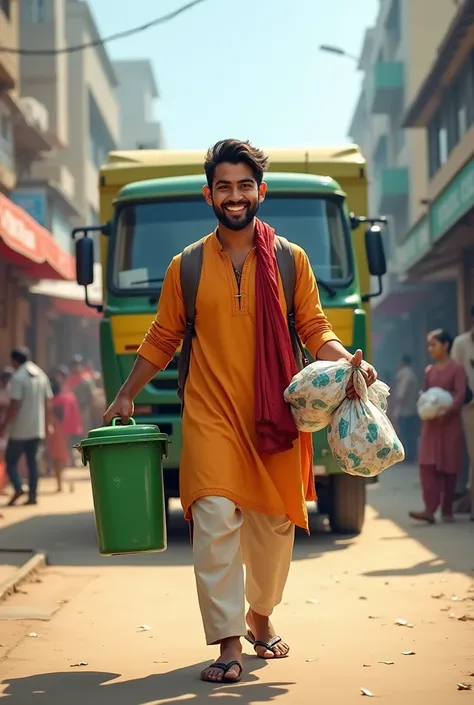 A happy Nepalese man walking towards a waste truck holding disposable wastes and non disposable wastes in two hands.