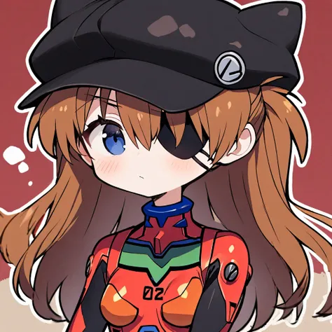 Chibi、 1 girl 、 Neon Genesis Evangelion、 Shikinami Asuka Langley sitting by the wall、 red plug suit、Eye patch（Cat hat、black）、