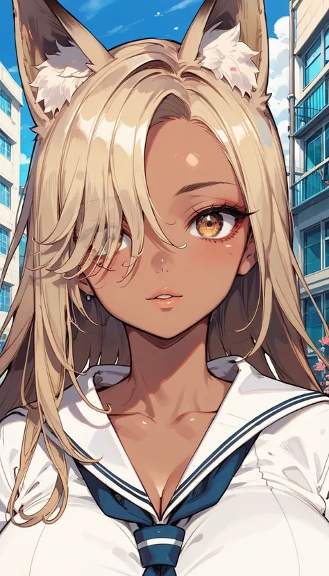 score_9, score_8_up, score_7_up,(hi-quality,high resolution),(brown skin:1.3),(Fox Ears),big eyes,Clear Eyes,Perfect Eyes,(forehead,long hair over one eye),((side parted hair)),Blonde,Long Hair,Straight Hair,Delinquent Girl,gal,3girl,((huge breasts)),((sch...