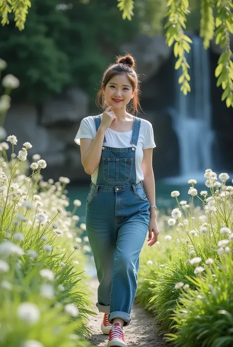 Ultra HD 16k realistic professional photography masterpiece, a 30 year old Asian female model, chubby body, soft brown half bun hair, round face with natural red lips, glamorous white skin, wearing jeans overalls with a white t-shirt and classic canvas jea...