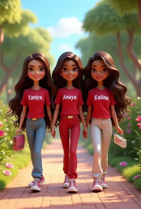 A captivating 3D animated scene featuring three ravishing Latina ladies, Sarah, Maryam and Gazelle, with Bratz features and brown hair. They all wear red shirts with their names in bold letters and pants. A white T-shirt has a sign reading “Taniya” while N...