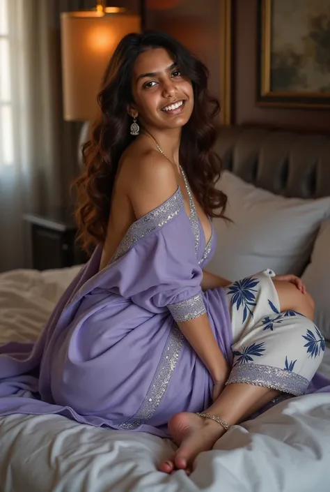 1 hot women laughing and lying down on bed wearing wet Womens light purple Pure Cotton tight light Kurta and white on blue flowers loose Afghani salwar with white Dupatta , curvy model, beautiful model girl, perfect body, sexy girl  ,lovely woman, brown ha...