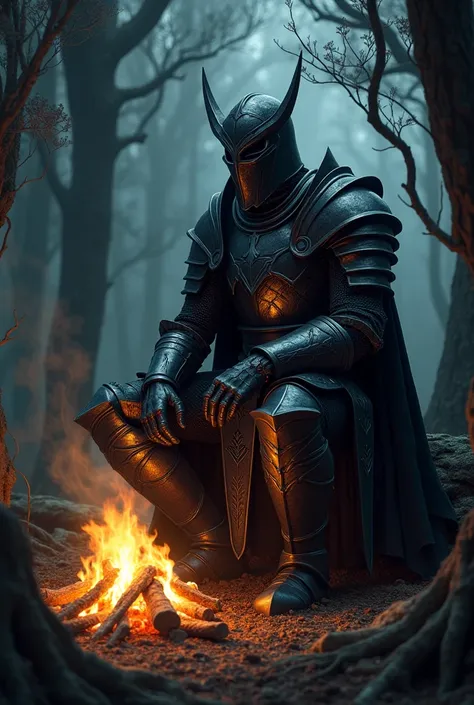 A knight in black armor sits near a campfire in the woods at night wearing a helmet 