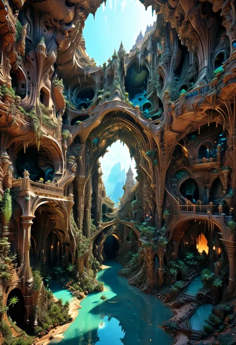 there are many inverted cavities (different rooms, joined by mandelbulb projections that form passages) in the middle of an underground canyon that makes up a mandelbulb mud village at different heights with many balconies and stalactites and stalactites, ...