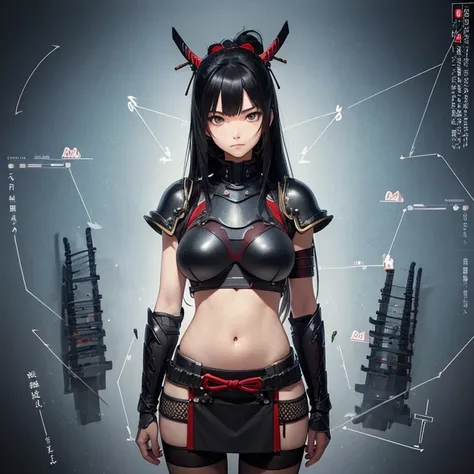  black hair,  very long hair, masterpiece,  anatomically correct,  best quality, accurate, blank stare, 360° Field of View,unique armor , female samurai, Big Breasts , Setting diagram, Big lower body,  short skirt,