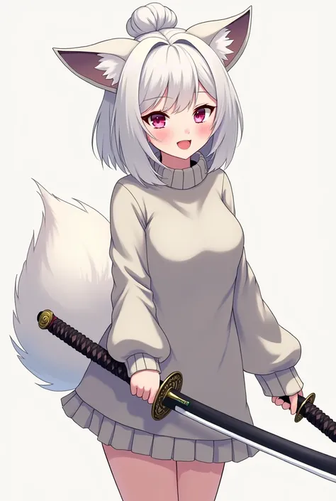  Create me an anime-style picture of a demi fox girl with medium-length white hair tied in a bun and fox ears and tail,She has pink eyes and a grey-white sweater and 2 katanas .