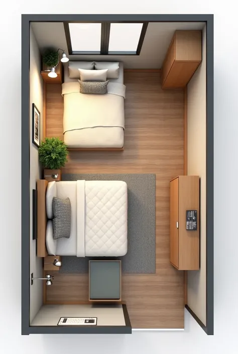  Give me a design for a bedroom that has a desk , bed,  wardrobe and dressing table and a small bedside table .  Consider that the bedroom measures 3mx3mx2mx1mx2m, It has 6 walls
