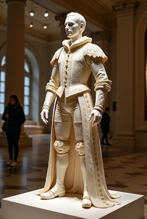 Medieval gentlemans costume made of papercraft paper is at an exhibition 