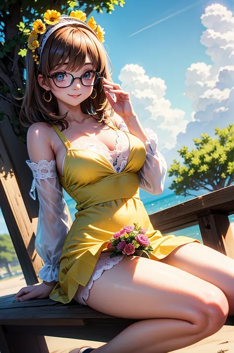 A beautiful girl sitting on a wooden table on the beach, anime girl, with a bouquet of flowers in her hand, under a tree, floral yellow summer dress with detailed ruffles, no sleeve, detailed lace, (spread your legs, white panties), sandals, big rounds bre...