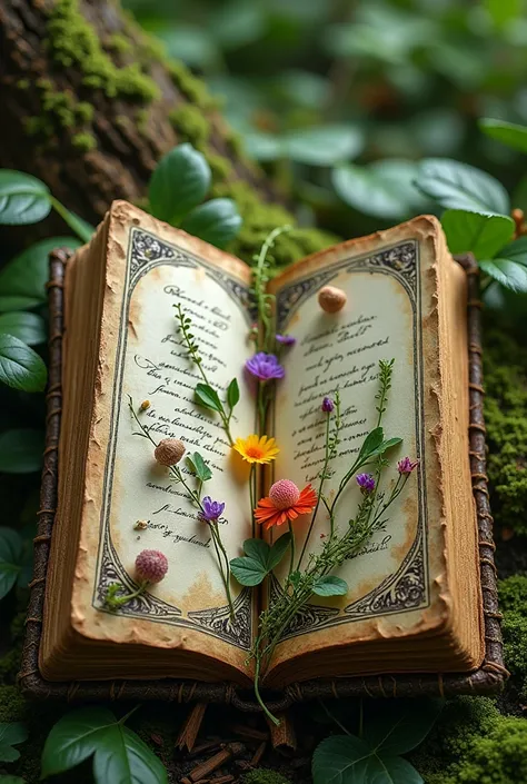  An elven book about herbs and plants , written in elven language ,  the pages of the book are made of evergreen tree leaves,  the book cover is made of tree bark 