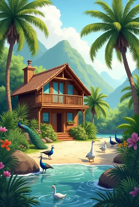  Watercolor in a Caribbean environment in a chalet-style house without sea with peacocks and geese
