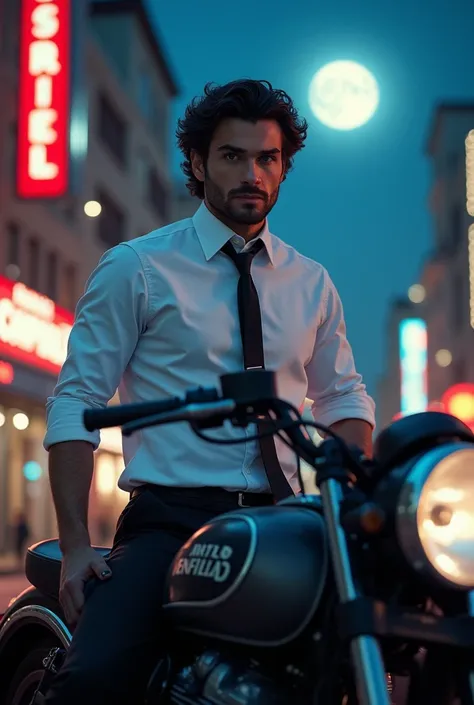 If samsung s24 ultra was a male character, please make a cinematic motion picture, he should be american,massy wavy black hair, blue eyes,tall lean,standing by sitting slightly on the bike, white shirt and a and black tie(like a party dance),royal enfield ...