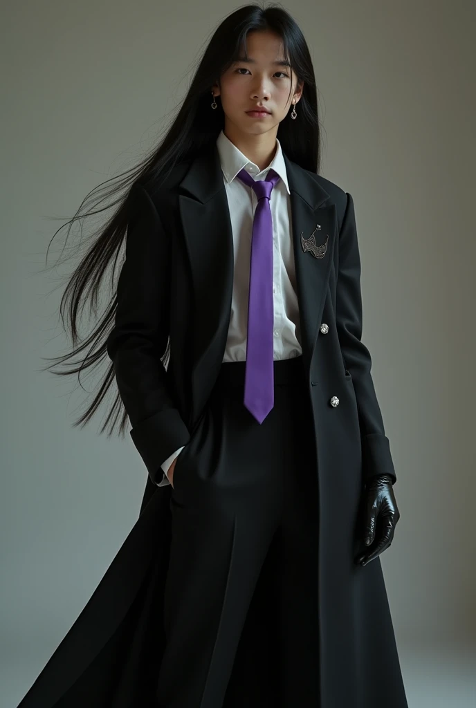 Live Action pre teen Asian boy with Long Flowing black Hair, Wearing a LONG Sleeved, Baggy Black Double Breasted Suit that reaches the ground over a Baggy White Dress shirt Properly Tucked in With The Sleeves with cuffs Covering the Palms and Purple tie ti...