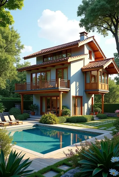 Design a house with a two-storey backyard with garden with a small winter garden and a small pool with a small pool with a sweet tree house for the s