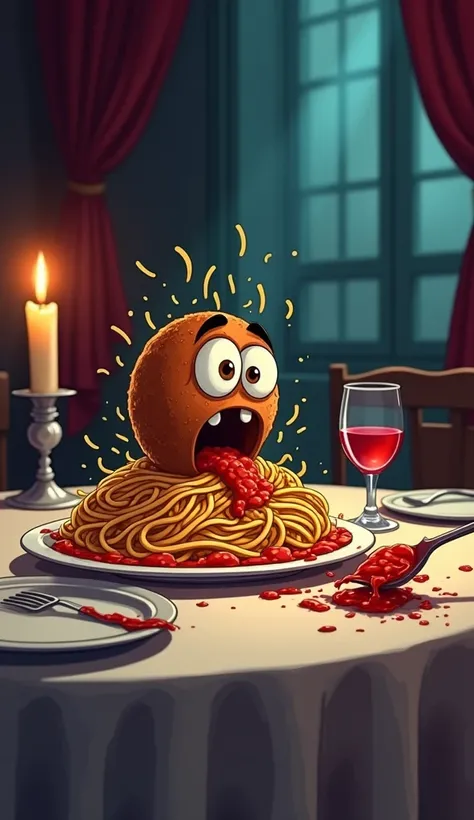 "Create a dramatic and shocking cartoon-style image of a spaghetti bowl and a meatball on a dining table in a dimly lit restaurant. The spaghetti looks horrified, with wide, panicked eyes and its noodles flying up in alarm, as if reacting to something terr...