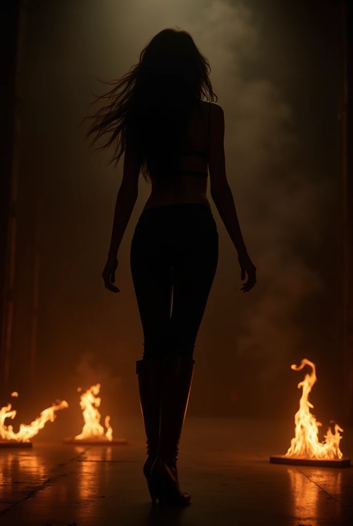  Dark background image with the silhouette of a woman wearing tight pants and long high-heeled boots ,  with loose jet black hair   , with flames around 