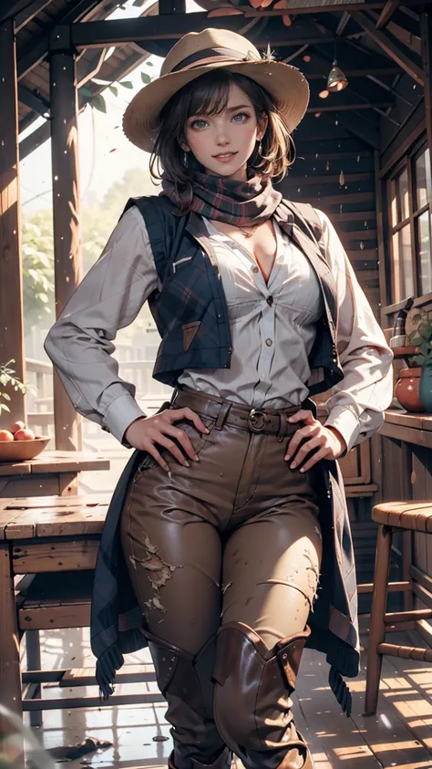   Portrait of a Beautiful Woman on a Muddy Farm:1.2 , cowboy hat,  Fringed Vest  , pants, scarf ,   Confidence   ,  Center of chest,、 hands on hips、Riding boots、Round Whip  、smile、  Indiana Jones Style  