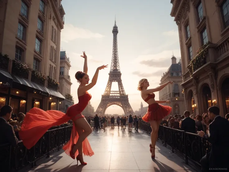 4 women dancing in front of the Iron Tower in Paris