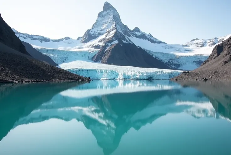 A serene view of a mountain peak reflected perfectly in the still waters of a glacial lake. The vibrant turquoise water contrasts beautifully with the white snow and gray rock of the peak, creating a breathtaking and peaceful scene