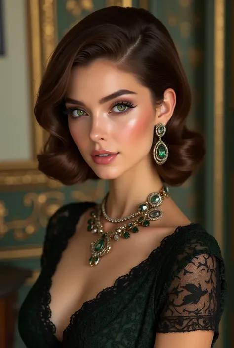 A woman, stylish, Elegant, extravagant, keck, beautiful, fein, green eyes, brown hair 