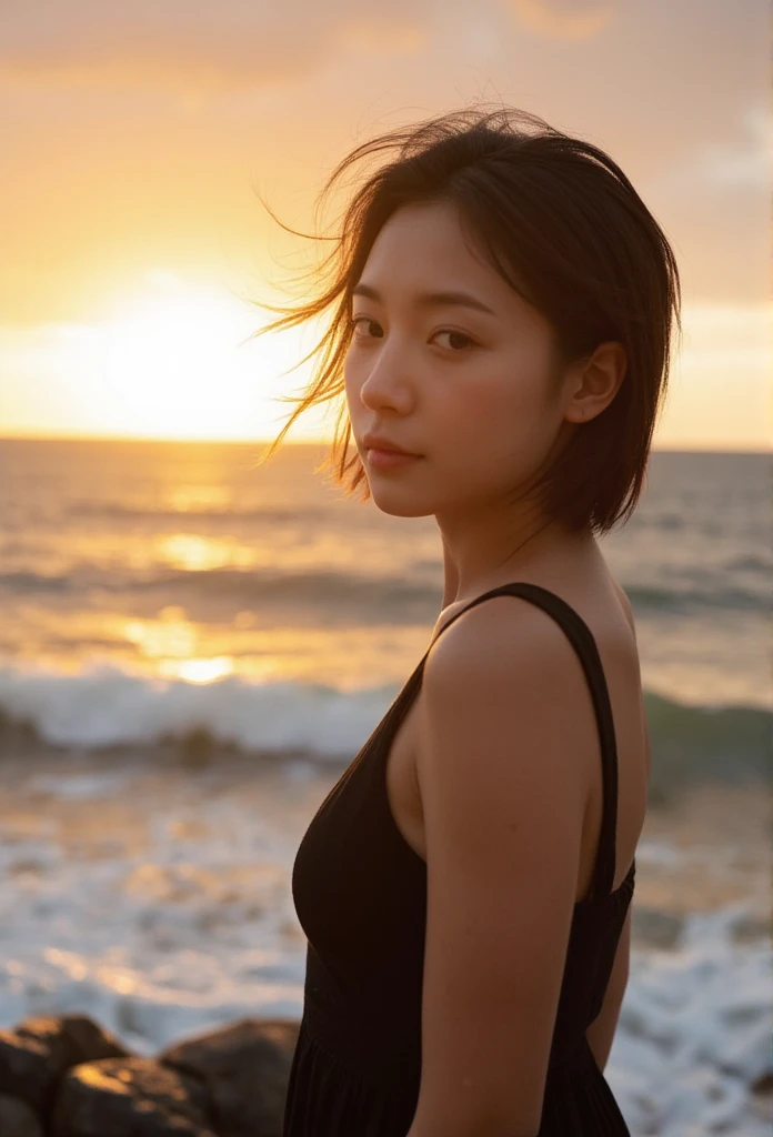 A woman stands confidently at the edge of a beach, wind playing with her hair as waves crash gently behind her. The sun sets in the background, casting a golden light that envelops her in warmth. Her expression reflects a sense of  and connection to the oc...