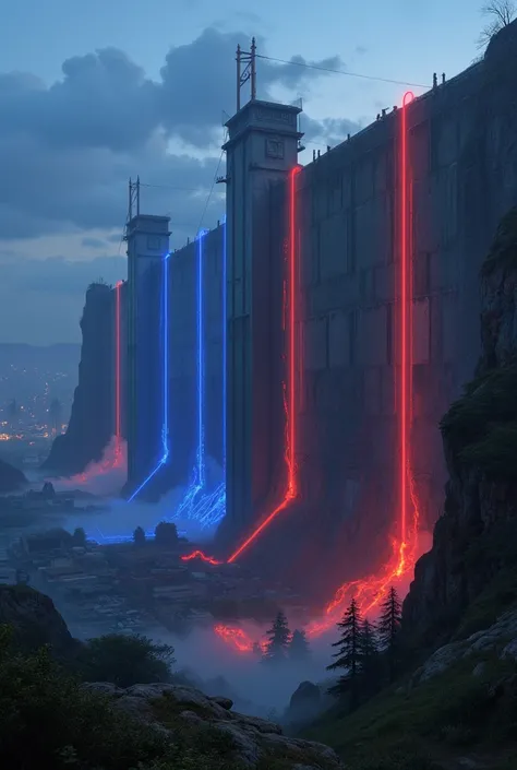  20-meter-high concrete wall,  separating Elyria Par  (futurist,  skyscrapers ) and Elyria Odd  (rural, mountains),  with blue and red neon lights , cyberpunk style,  resolution 1024x1024 .