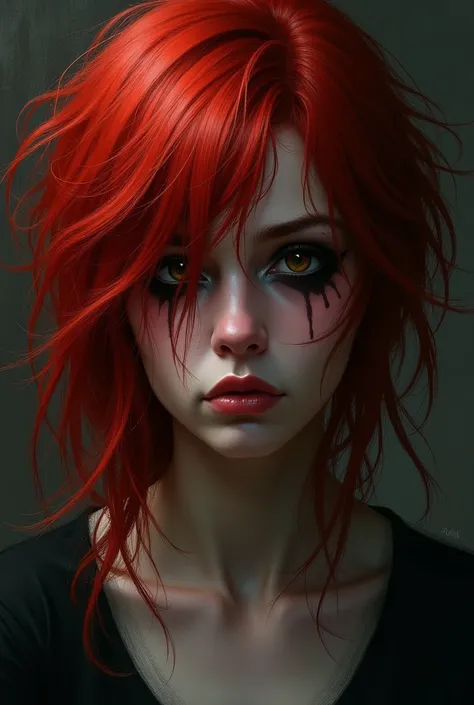 Red messy hair all over woman’s face dark make up sad woman 