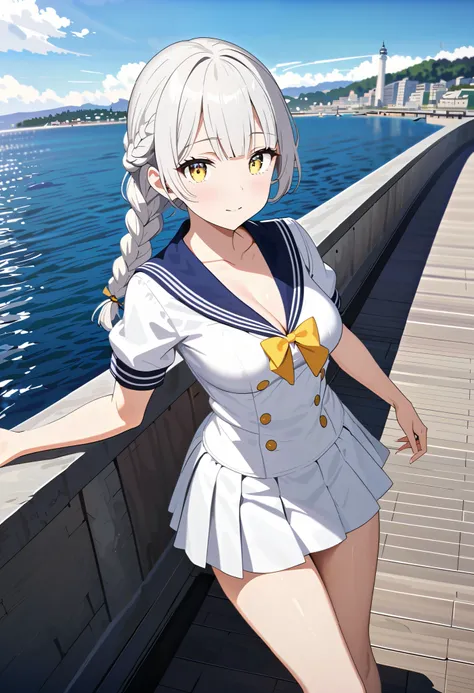 extremely detailed CG, high resolution, best quality, masterpiece, single woman, silver hair, braided hair, light yellow eyes, (beautiful detailed eyes: 1.4). She has medium breasts and long legs. She is a sailor. She is wearing a sailor costume (cleavage)...