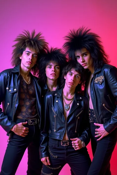  Create a dynamic and edgy 80s rock album cover featuring a group of four musicians in dramatic hairstyles and punk outfits.  They pose comically against a purple background with the inscription  " HEATHER TEMPERATURE CREATOR ",  decorated with leather , b...