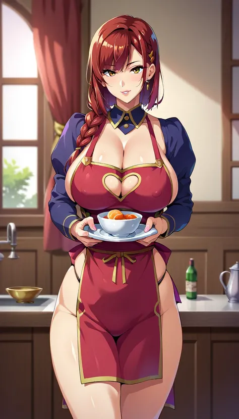 (masterpiece, best quality, ultra-detailed, high resolution, detailed eyes), takeda hiromitsu style, 1woman(40 years old), large breasts, voluptuous body, looking at viewer, cowboy shot, standing, apron, makeup, long side braid, armor