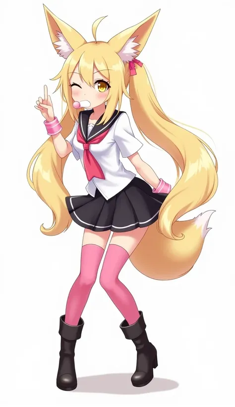 Solo, score_9,score_8_up,score_7_up, Kimiko, Anthro, Anthro furry blonde fox girl, blonde fur, long blonde hair, hair in pigtails, pink highlights in hair, yellow eyes, winking, one eye closed, smiling, fox ears and tail, she is wearing white preppy blouse...