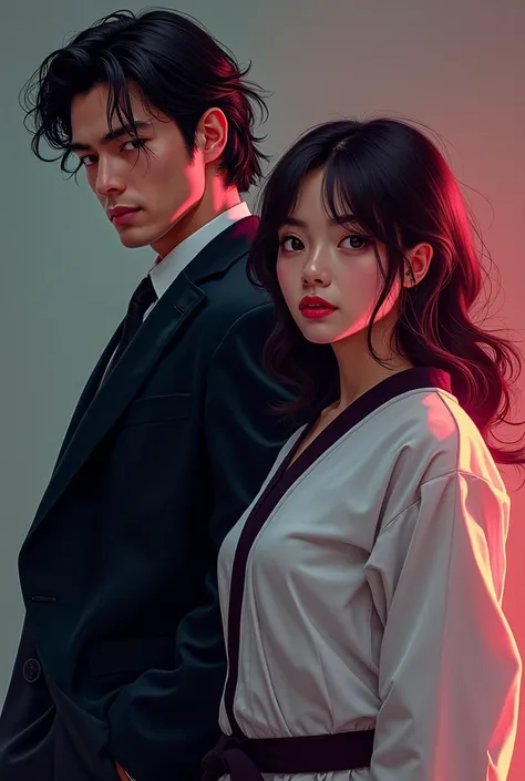 Please generate a cover for my comic add title "Billet-Doux For My Quinn" infront of cover. genre action/crime. The guy wearing black suit, hair wavy mullet above his shoulder, a handsome gentleman tall guy. The women long hair is WEARING WHITE TAEKWONDO u...