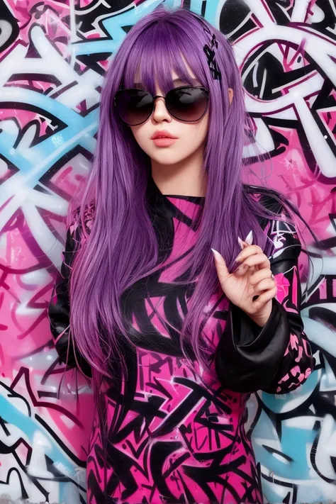 woman in a dress standing in front of simple background, up close, ((8k, wallpaper, detailed)), dark sunglasses, pop-star, closed one eye winking, pulling glasses down violet color hair, pretty hands, fringe, simple red background, palm trees, (graffiti wa...